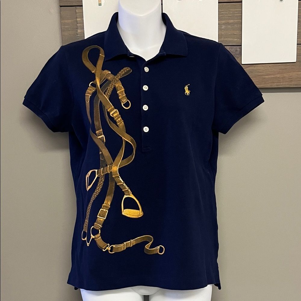 Ralph Lauren Sport Navy Vintage Short Sleeve Polo with Brown Accents Horse Large